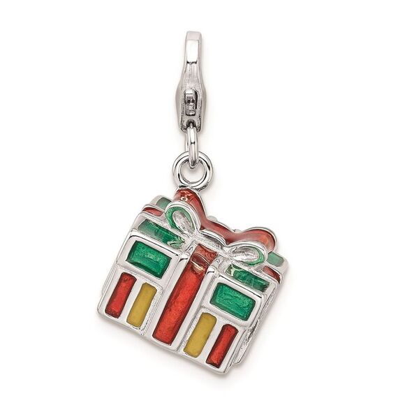 Kazi Luxury Sterling Silver RH 3-D Enameled Gift Box w/Lobster Clasp Charm - Picture 1 of 4